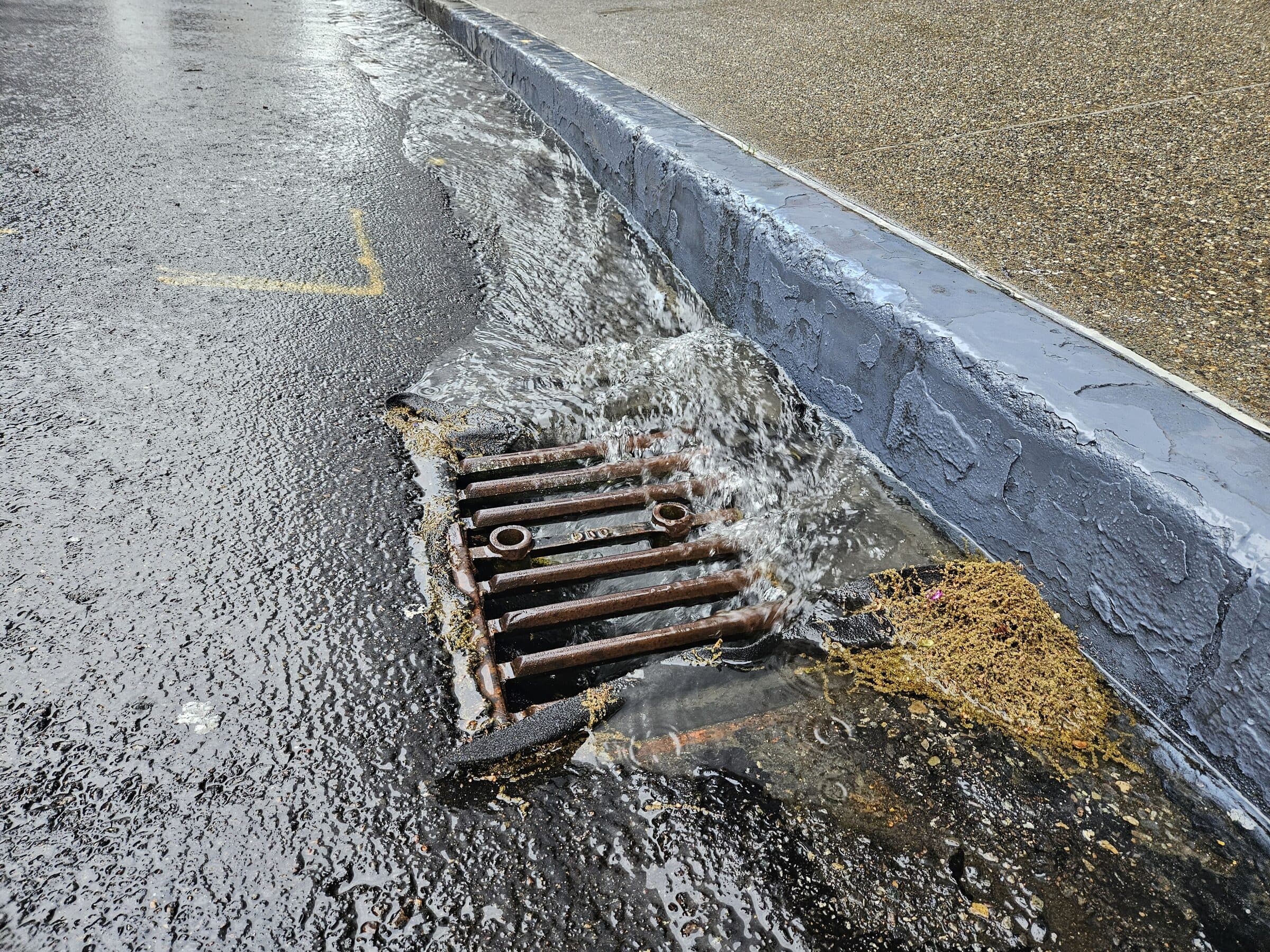 Rainwater flowing along a curb and into a storm drain