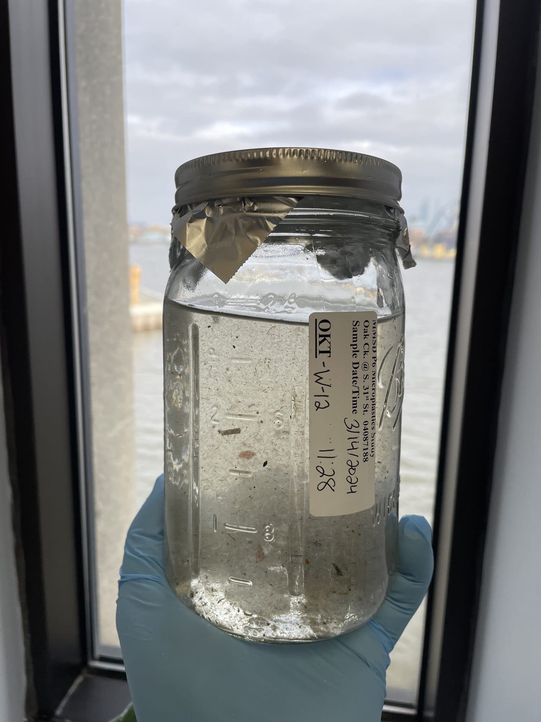 Gloved hand holding a labeled glass jar with water and collected debris