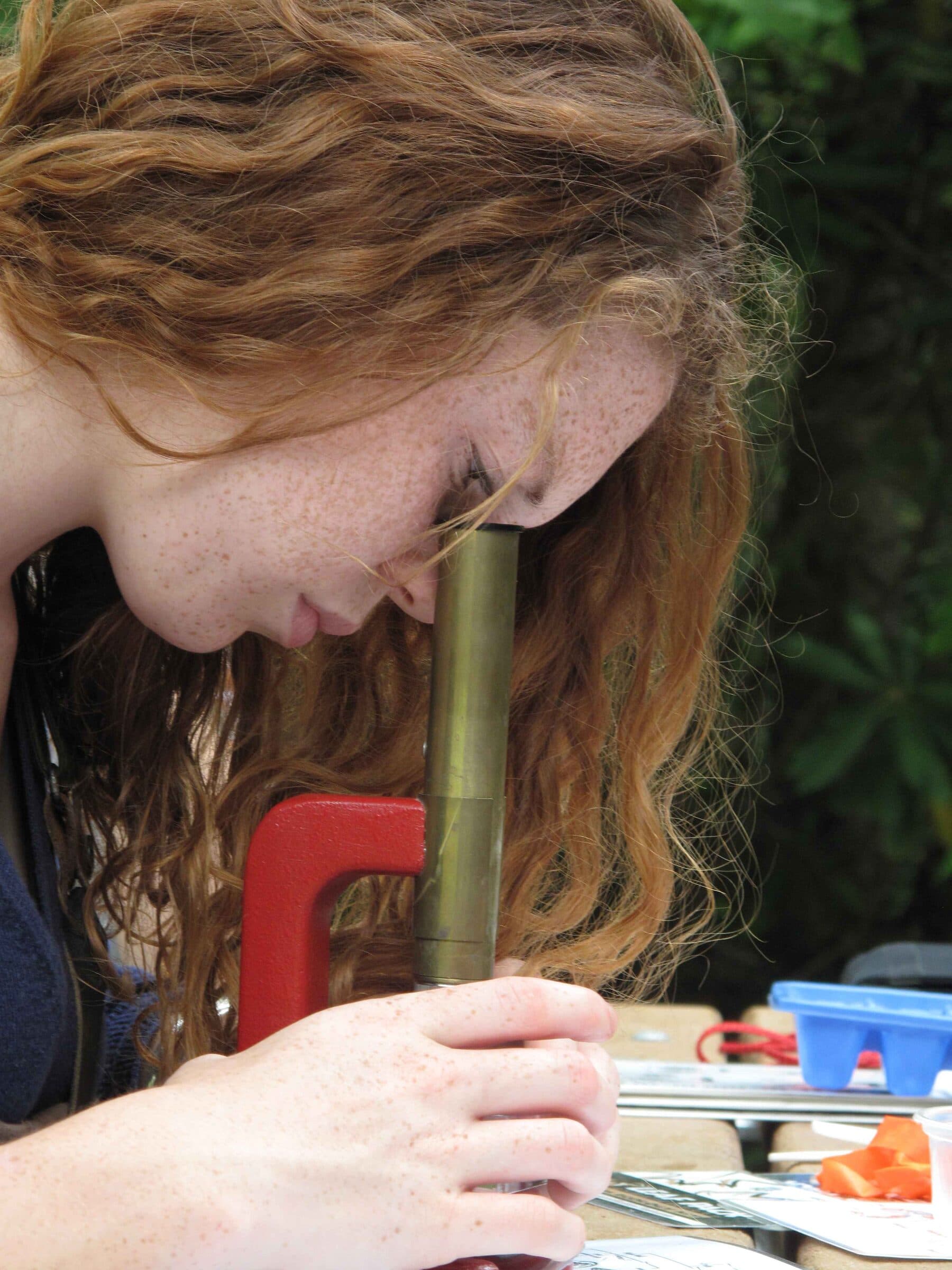 A young visitor concentrating while looking through a portable microscope