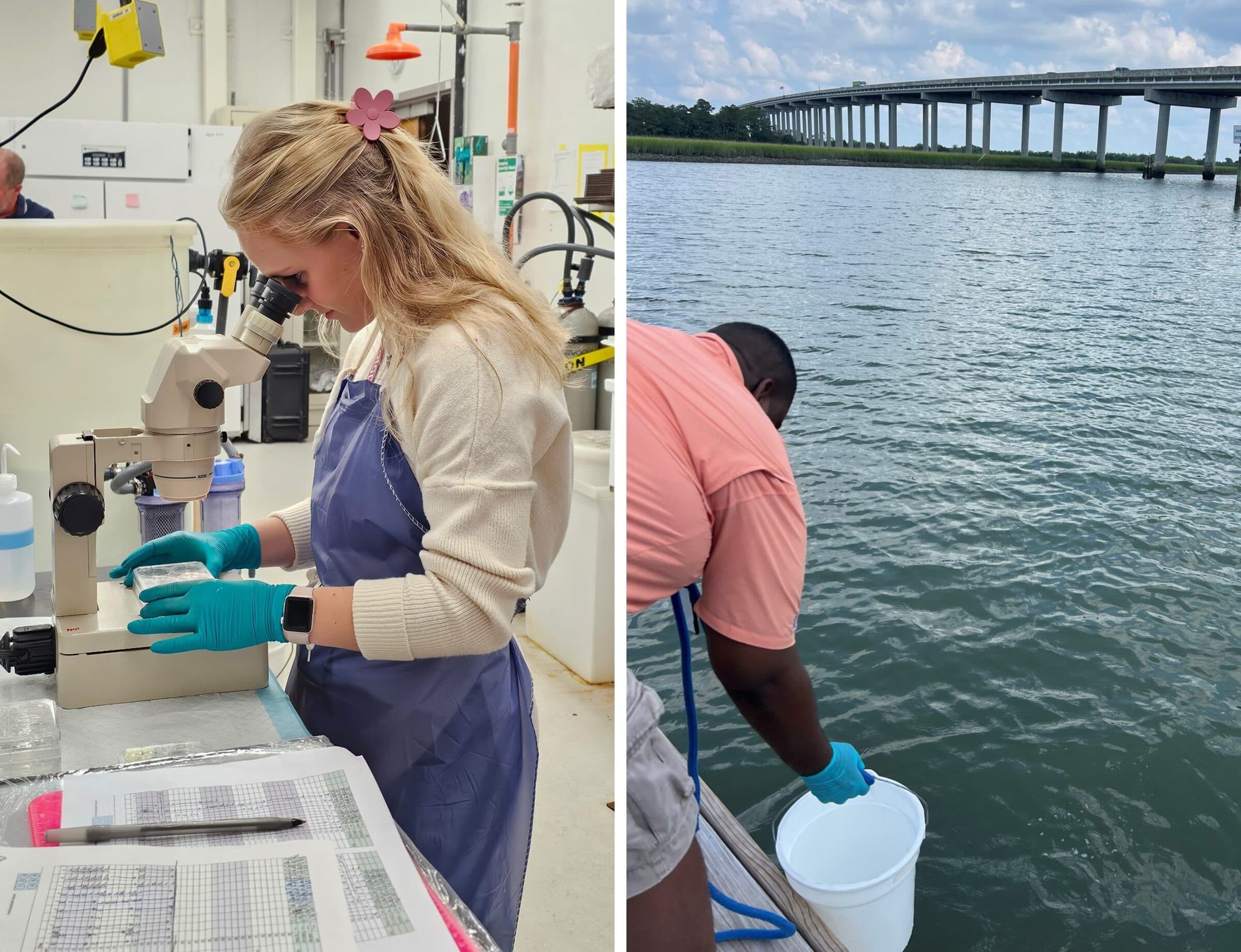 Composite photograph of a researcher at a microscope and a researcher collecting water from a dock